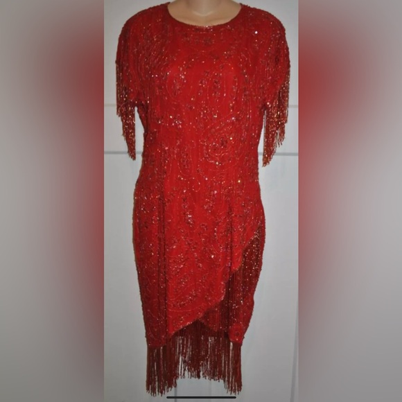 CASINO NITE Vintage 100% Silk Red Fringe Sequin Beaded Cocktail Party Dress M/L - Picture 1 of 4